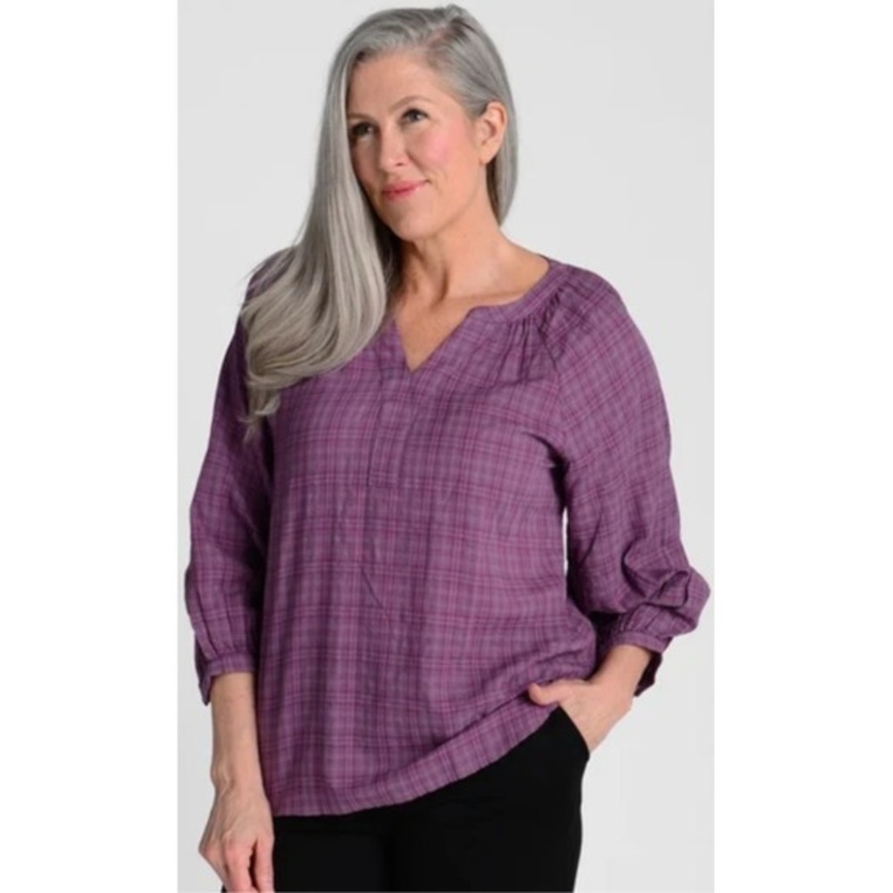 Christopher & Banks Plaid 3/4 Sleeve V-Neck Blouse Top Size L‎ NWT $45